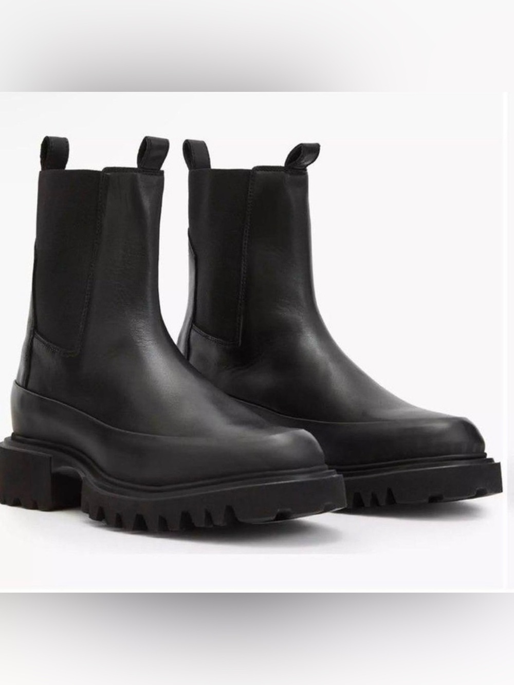 ALLSAINTS Black Leather Lug Sole Almond Toe Chelsea Boots Made in Portugal
